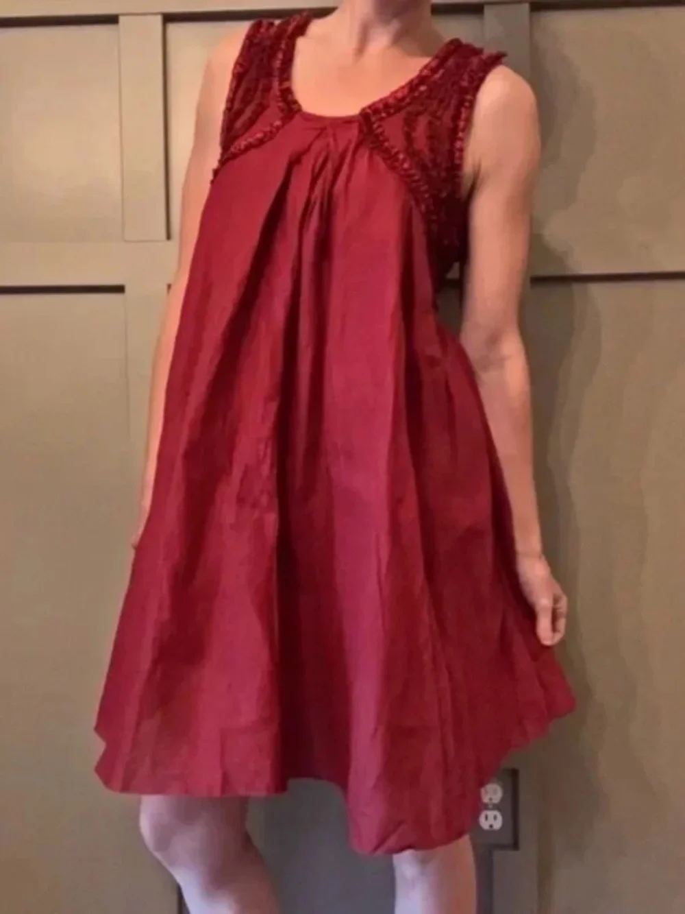 Free People Red Beaded Ruffle Dress Sleeveless Scoop Neck Keyhole Back Sz Small